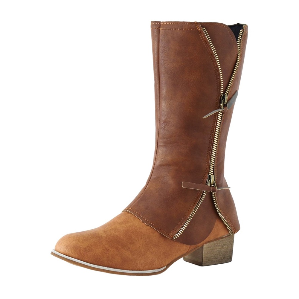 size : 8 : cognac two-tone brown exposed zipper mid-calf fall winter boots